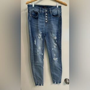 Judy Blue 7/28 Distressed Blue Boyfriend Jeans with Rips and Fading